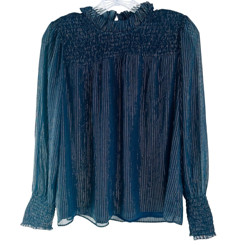 Ann Taylor Petite Shimmer Striped Smocked Blouse with Jewel Ruffled Neck Size MP